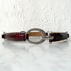 Brighton Brown Embossed Croc Leather Silver Oval Link Stretch Belt - Women's 34